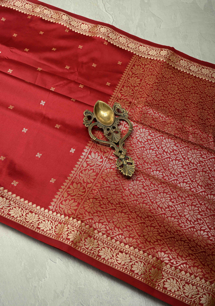 Blood Red Semi Silk Saree with Chunri Buttis and Minimal Zari Border