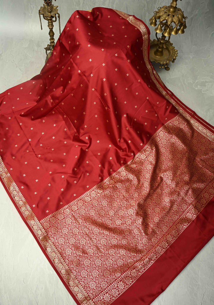 Blood Red Semi Silk Saree with Chunri Buttis and Minimal Zari Border