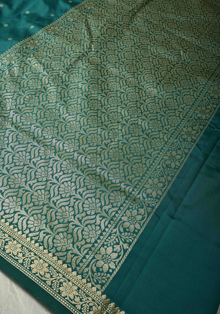 Dark Teal Semi Silk Saree with Chunri Buttis and Minimal Zari Border