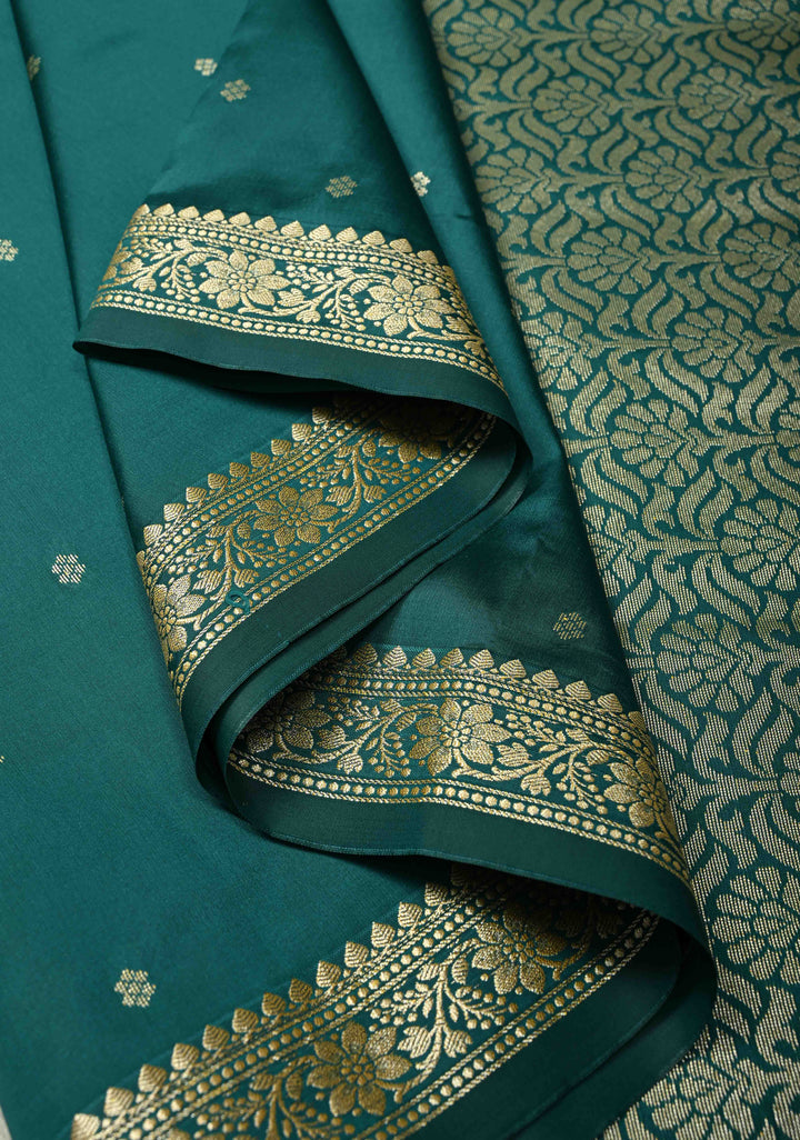 Dark Teal Semi Silk Saree with Chunri Buttis and Minimal Zari Border