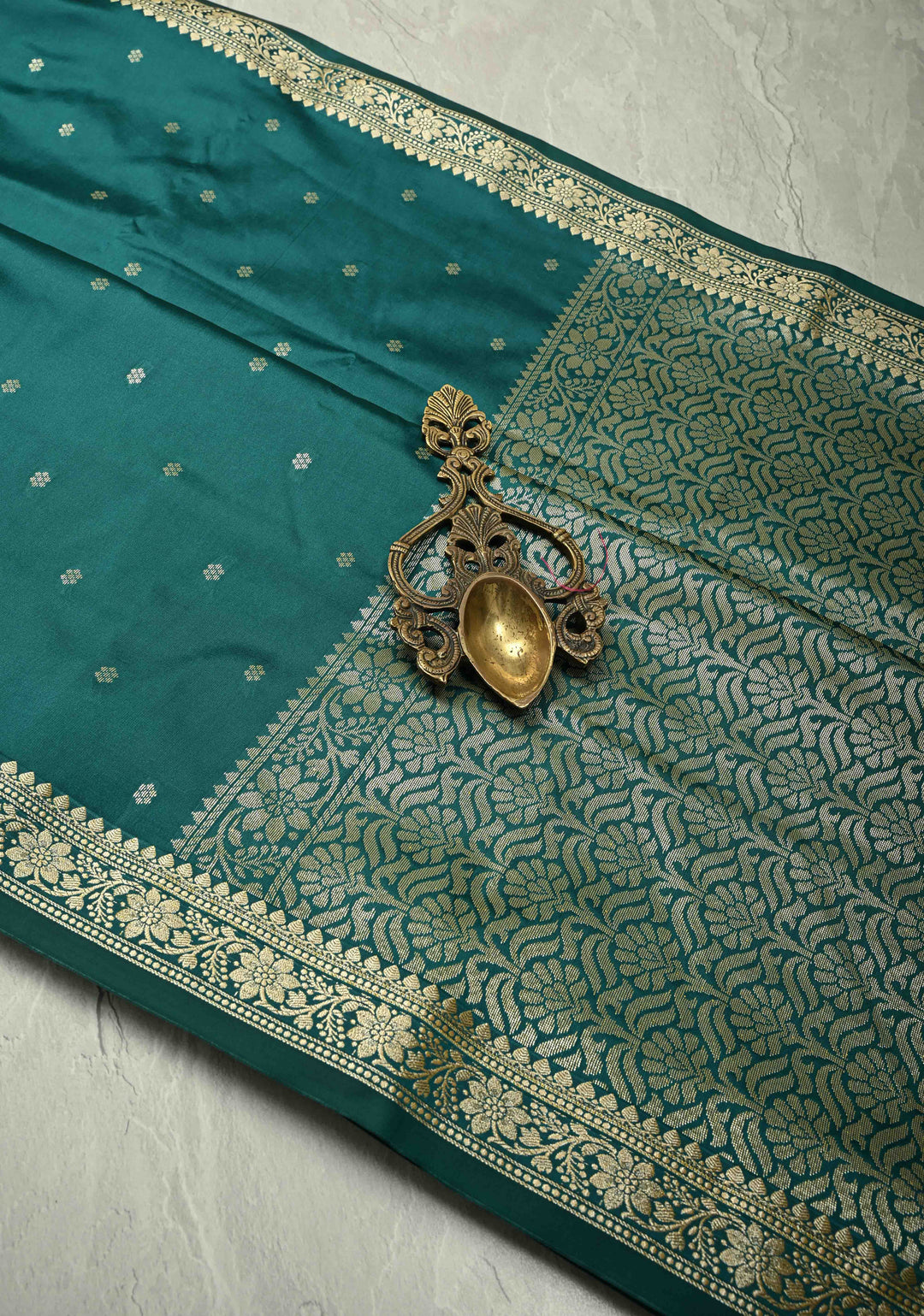 Dark Teal Semi Silk Saree with Chunri Buttis and Minimal Zari Border