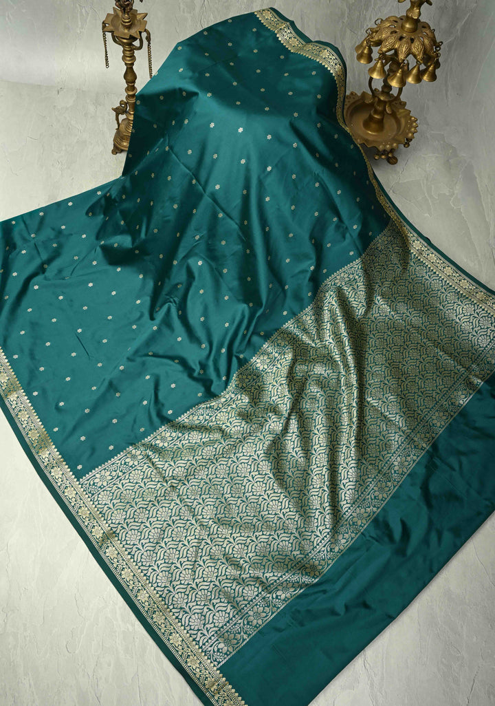 Dark Teal Semi Silk Saree with Chunri Buttis and Minimal Zari Border