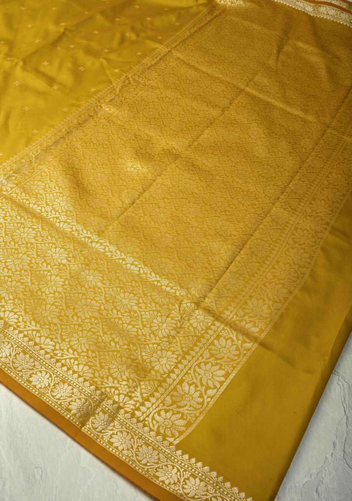 Mustard Yellow Semi Silk Saree with Chunri Buttis and Minimal Zari Border