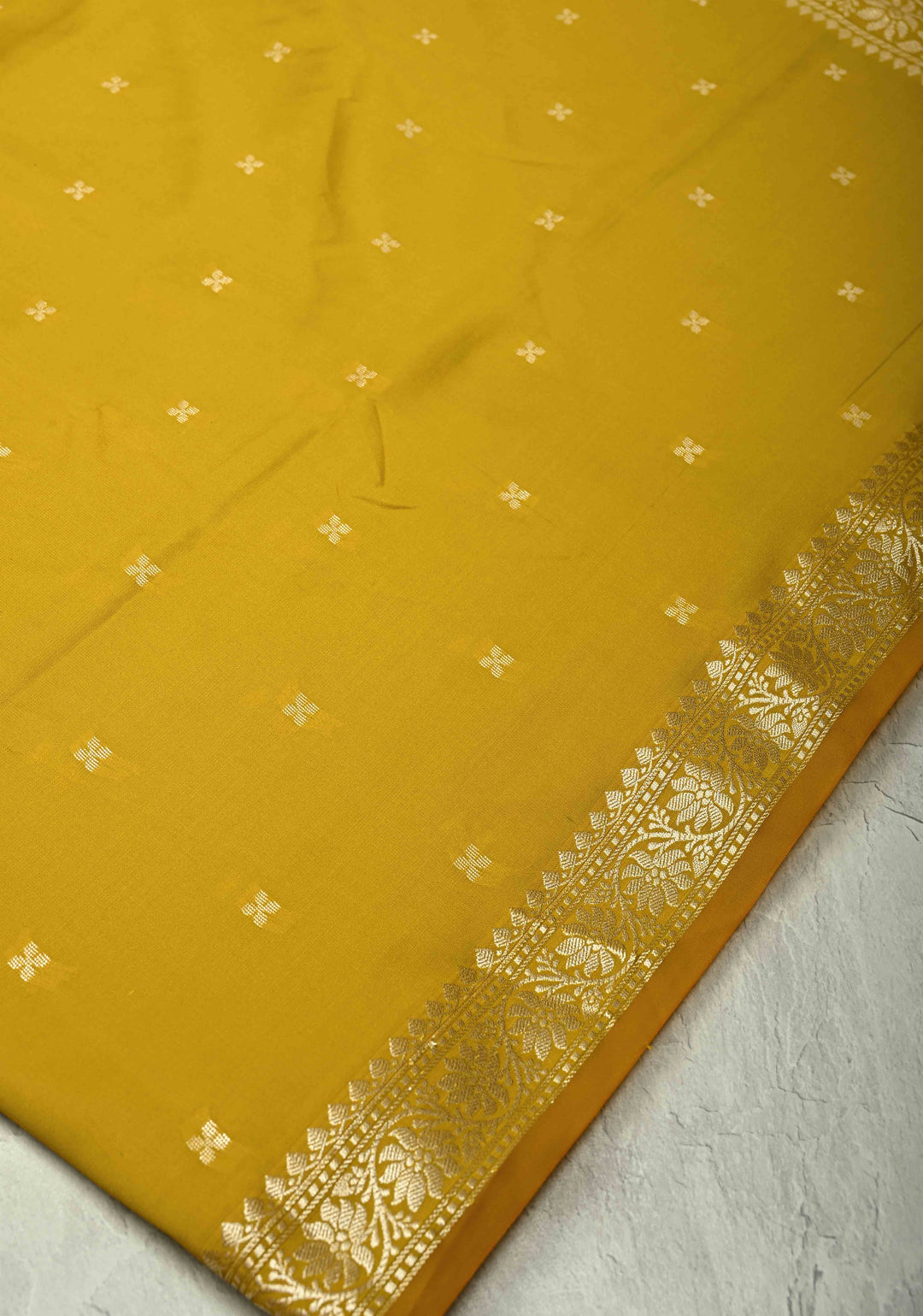 Mustard Yellow Semi Silk Saree with Chunri Buttis and Minimal Zari Border
