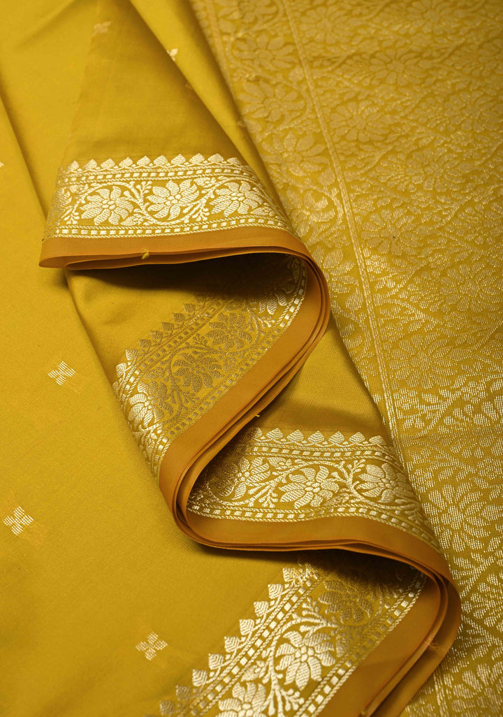 Mustard Yellow Semi Silk Saree with Chunri Buttis and Minimal Zari Border