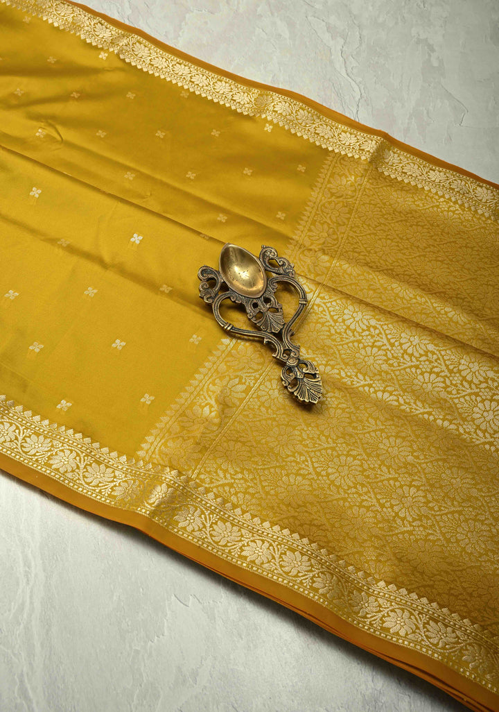 Mustard Yellow Semi Silk Saree with Chunri Buttis and Minimal Zari Border