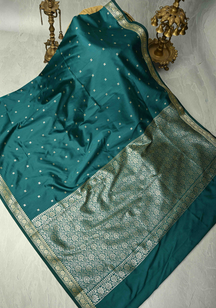 Teal Semi Silk Saree with Chunri Buttis and Minimal Zari Border