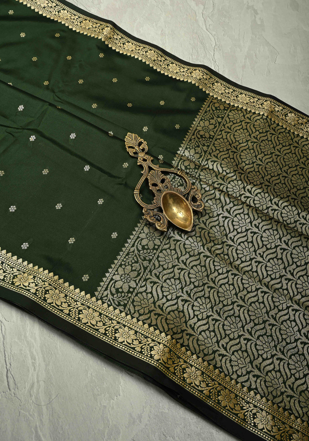 Deep Green Semi Silk Saree with Chunri Buttis and Minimal Zari Border