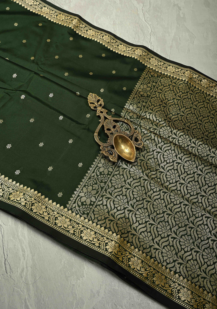 Deep Green Semi Silk Saree with Chunri Buttis and Minimal Zari Border