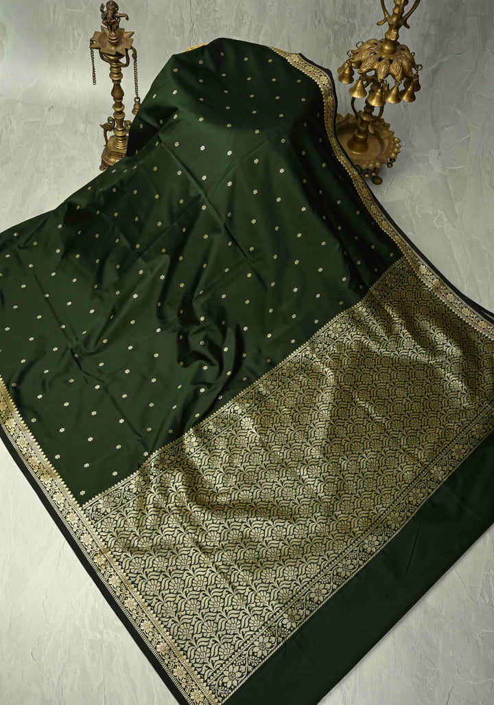 Deep Green Semi Silk Saree with Chunri Buttis and Minimal Zari Border