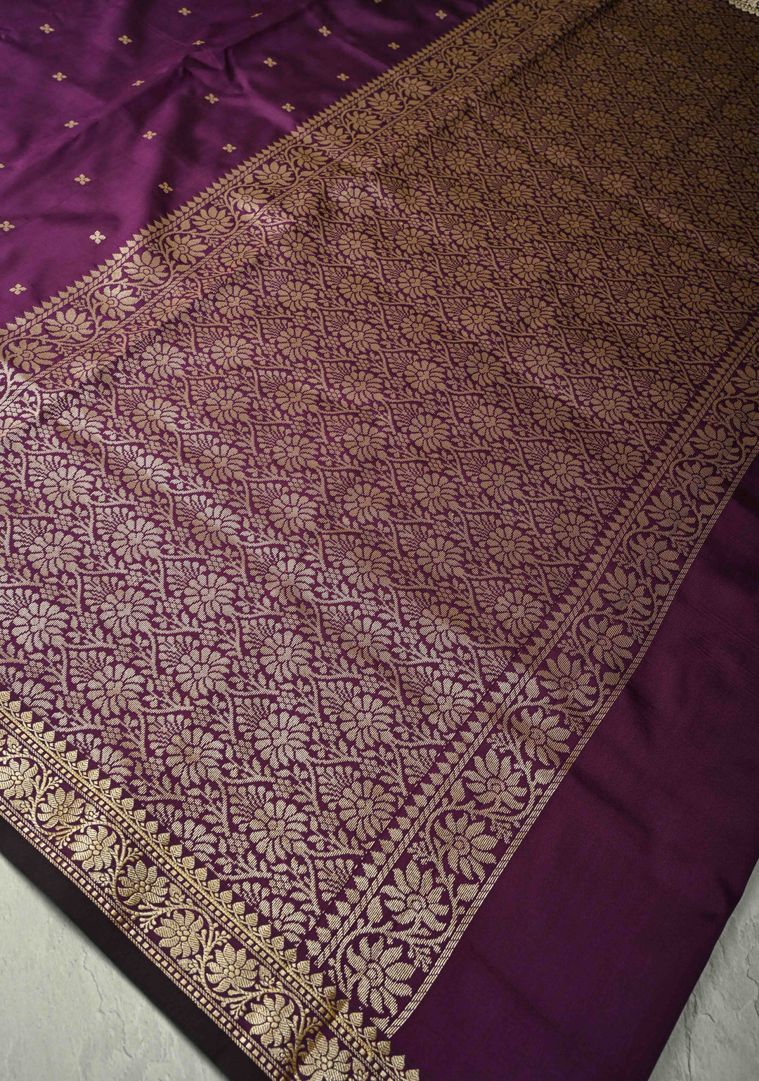 Deep Plum Semi Silk Saree with Chunri Buttis and Minimal Zari Border