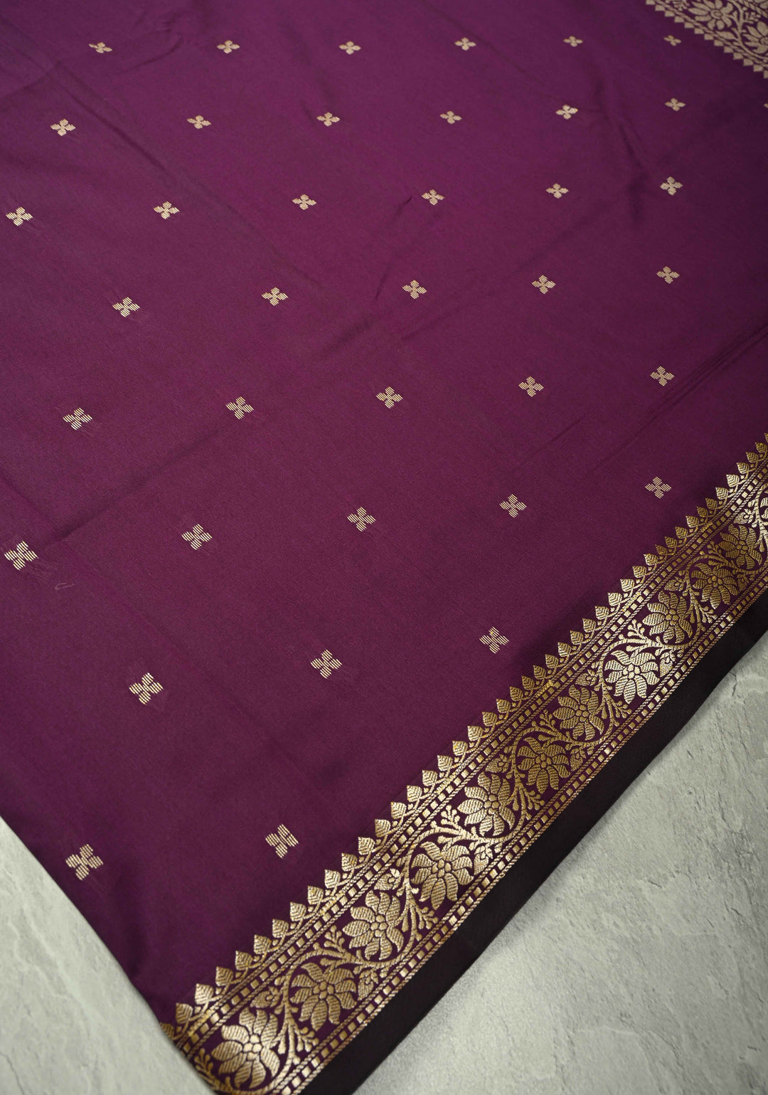 Deep Plum Semi Silk Saree with Chunri Buttis and Minimal Zari Border