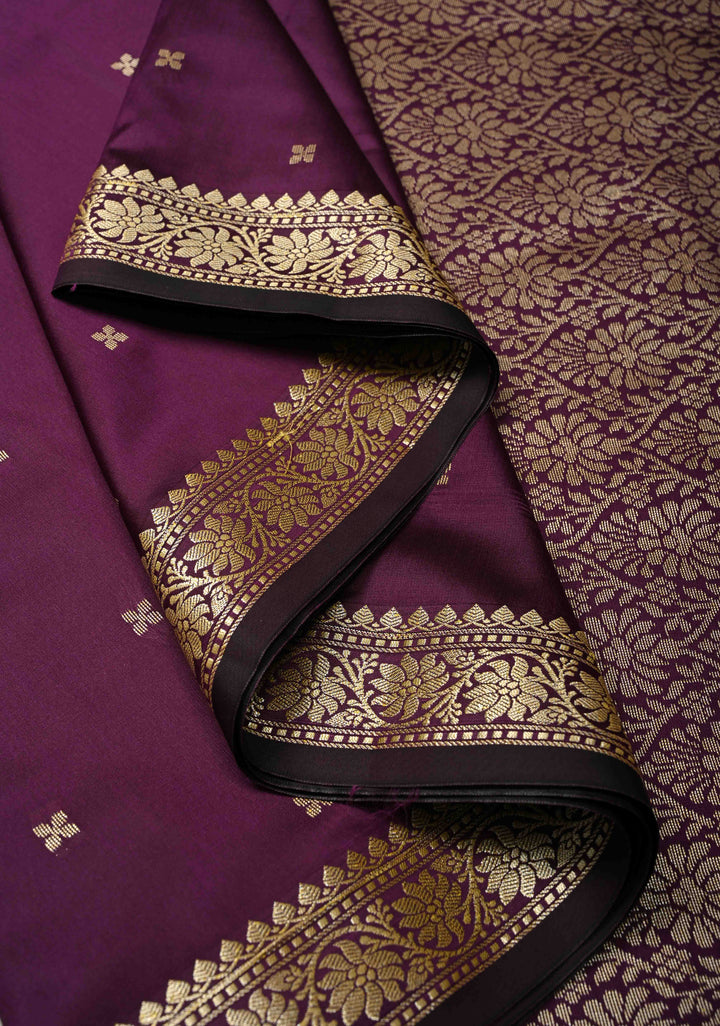 Deep Plum Semi Silk Saree with Chunri Buttis and Minimal Zari Border