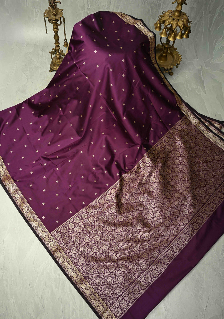 Deep Plum Semi Silk Saree with Chunri Buttis and Minimal Zari Border