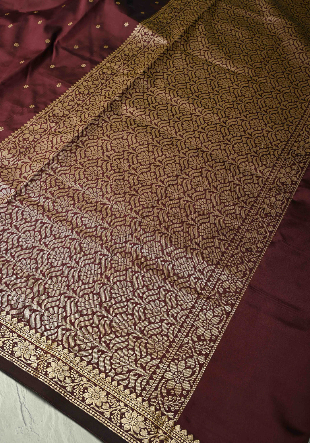 Chocolate Brown Semi Silk Saree with Chunri Buttis and Minimal Zari Border
