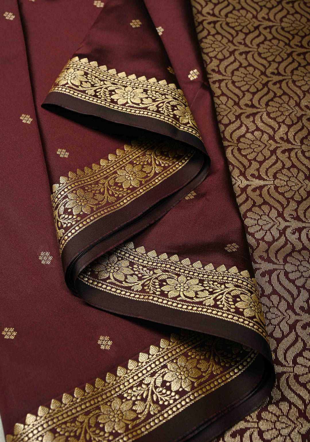 Chocolate Brown Semi Silk Saree with Chunri Buttis and Minimal Zari Border