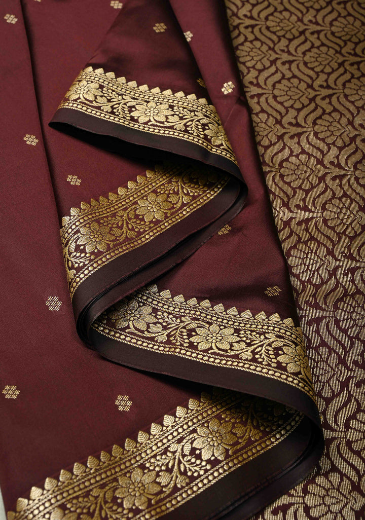 Chocolate Brown Semi Silk Saree with Chunri Buttis and Minimal Zari Border