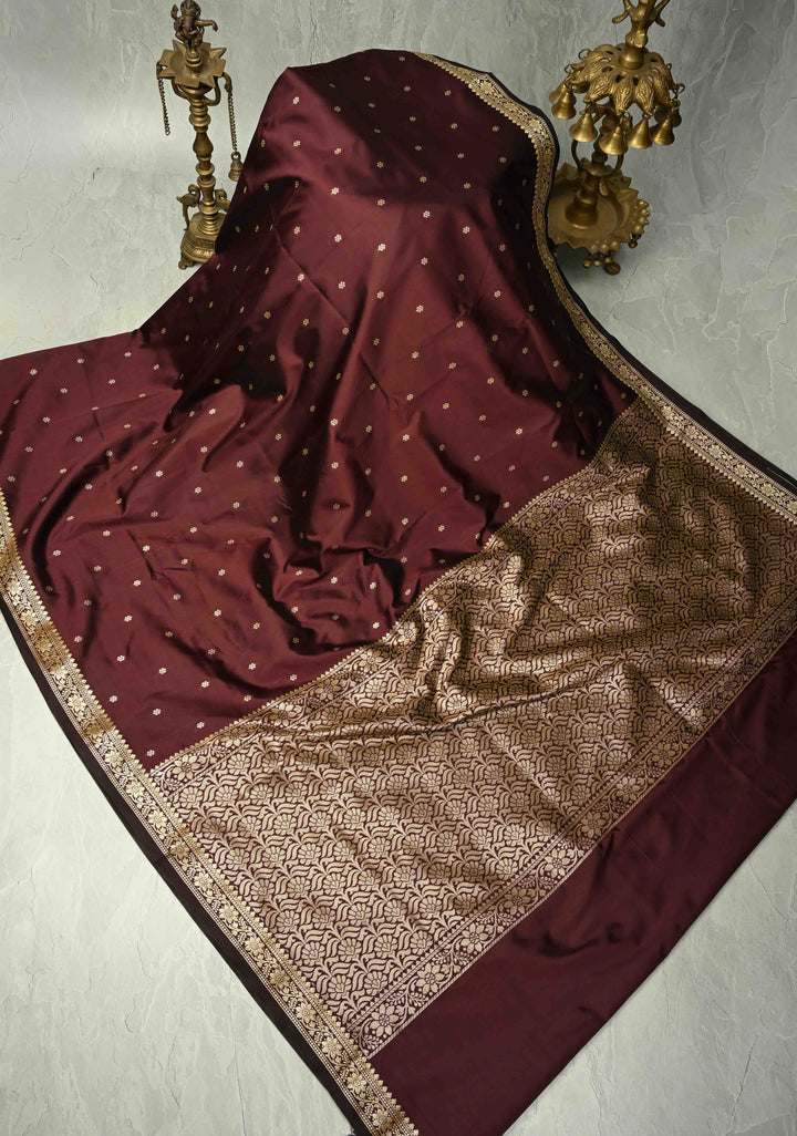 Chocolate Brown Semi Silk Saree with Chunri Buttis and Minimal Zari Border