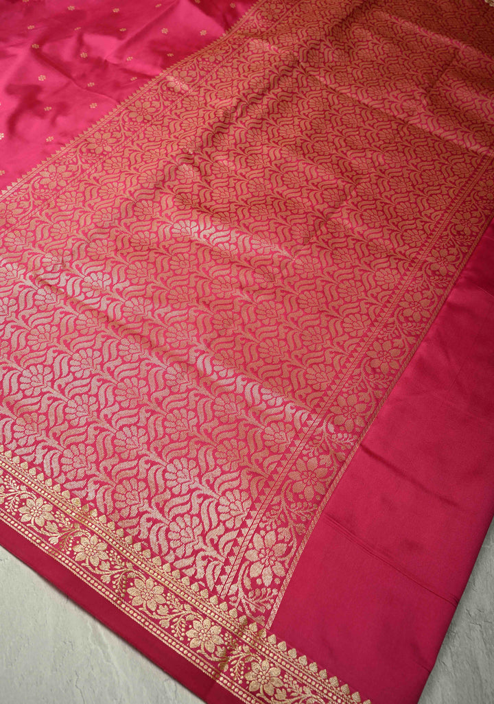Deep Pink Semi Silk Saree with Chunri Buttis and Minimal Zari Border