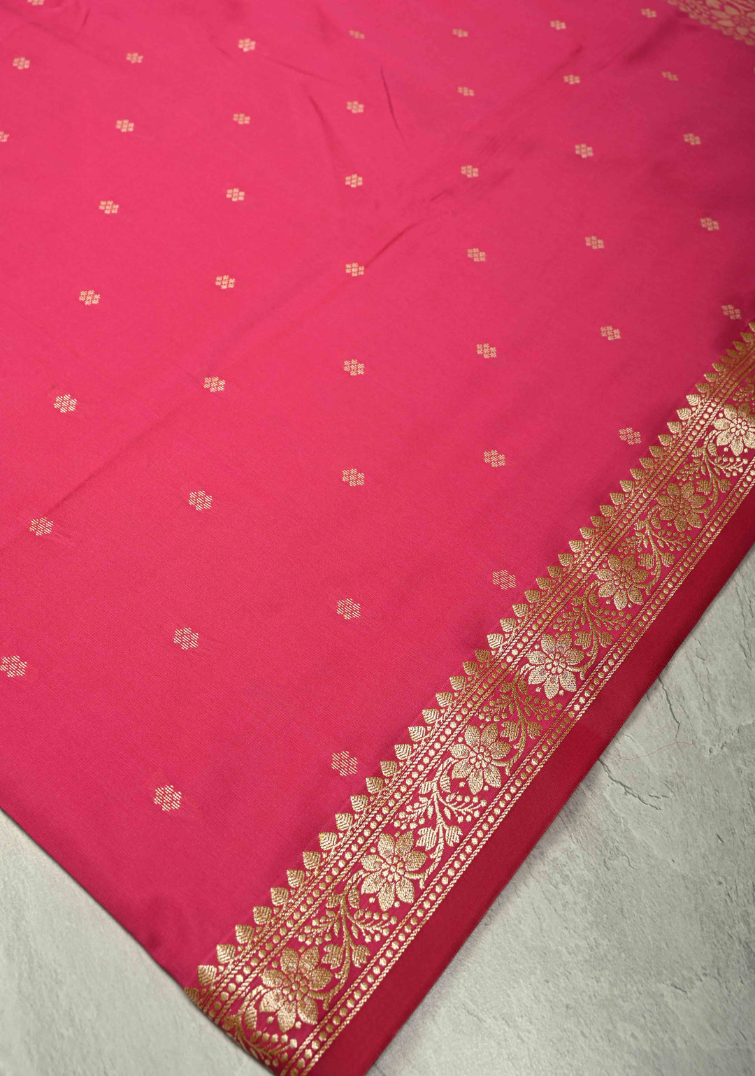 Deep Pink Semi Silk Saree with Chunri Buttis and Minimal Zari Border