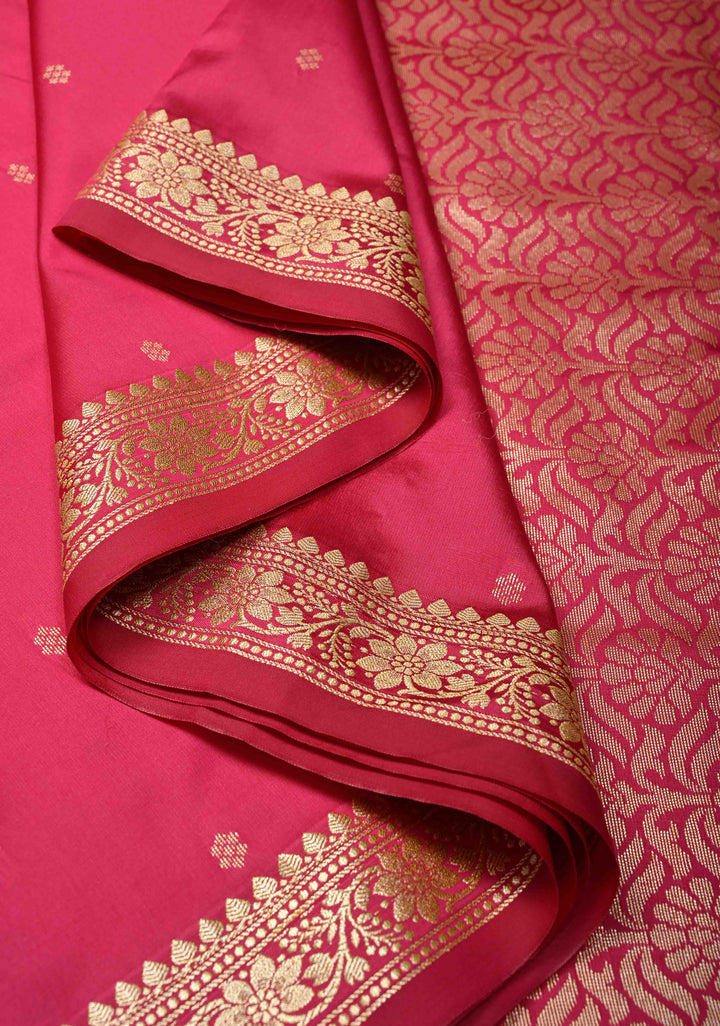 Deep Pink Semi Silk Saree with Chunri Buttis and Minimal Zari Border