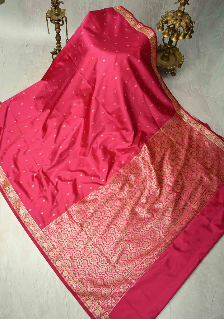 Deep Pink Semi Silk Saree with Chunri Buttis and Minimal Zari Border