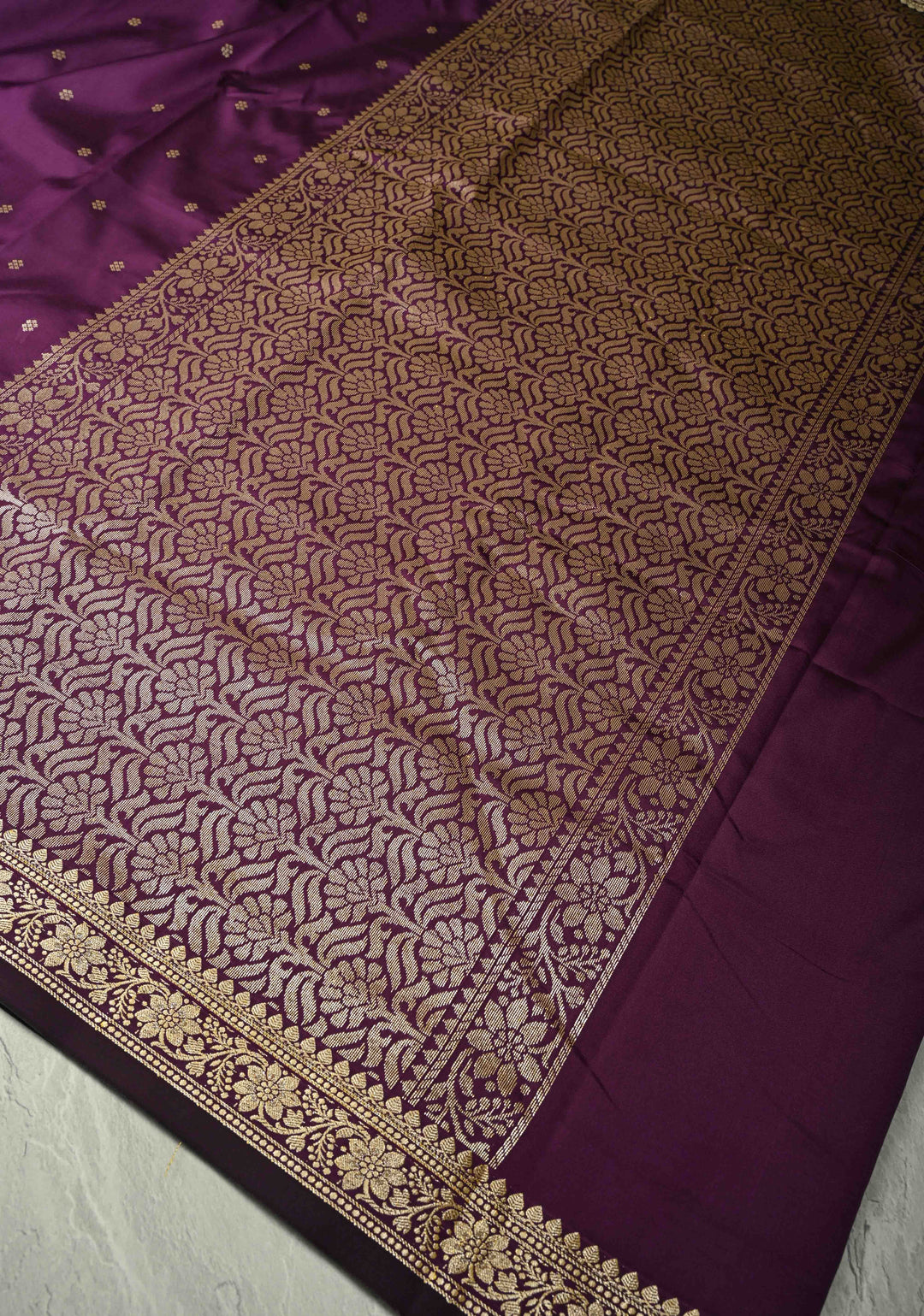 Deep Plum Semi Silk Saree with Chunri Buttis and Minimal Zari Border