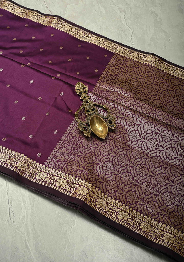 Deep Plum Semi Silk Saree with Chunri Buttis and Minimal Zari Border