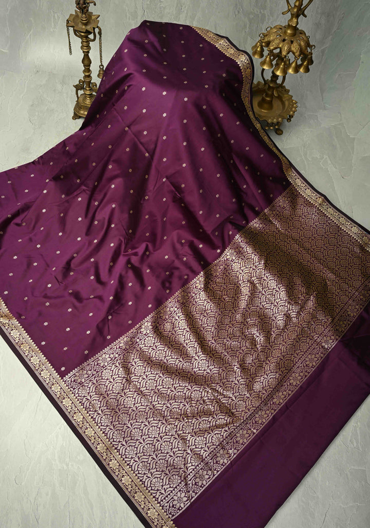 Deep Plum Semi Silk Saree with Chunri Buttis and Minimal Zari Border