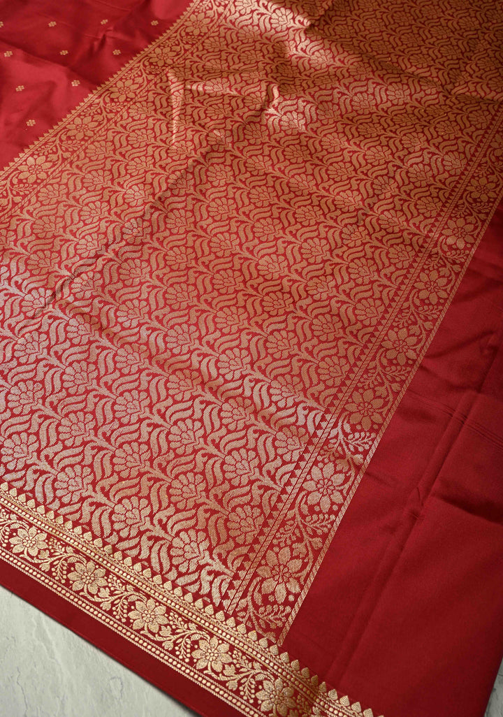 Crimson Red Semi Silk Saree with Chunri Buttis and Minimal Zari Border