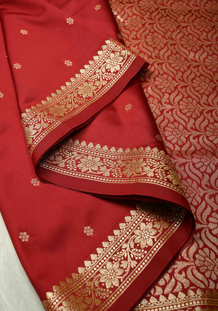 Crimson Red Semi Silk Saree with Chunri Buttis and Minimal Zari Border