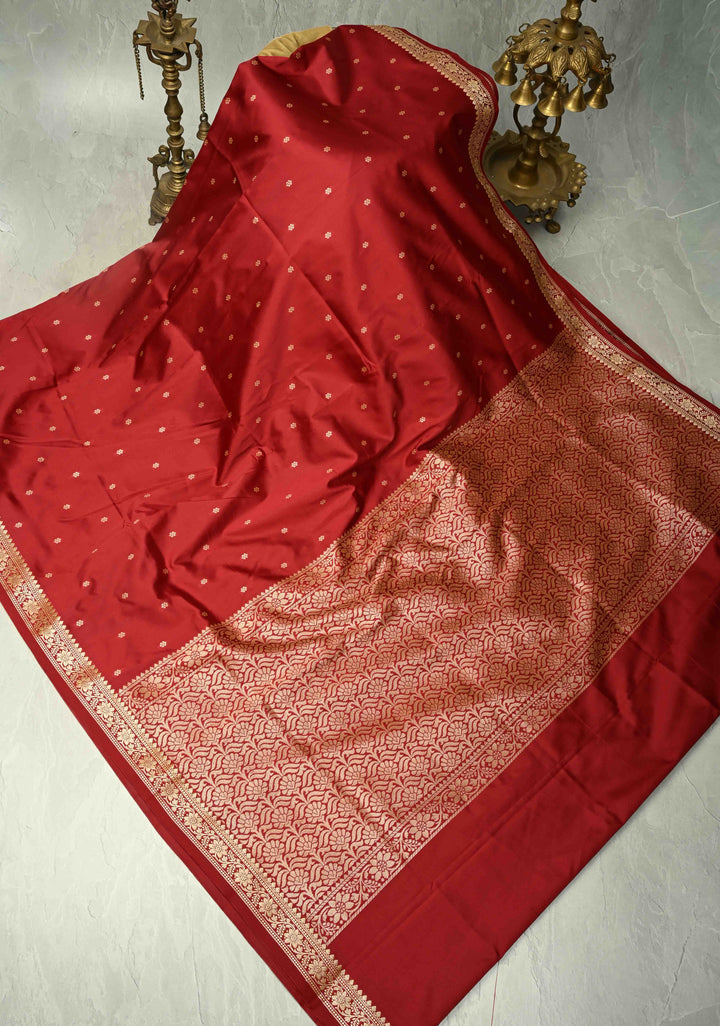 Crimson Red Semi Silk Saree with Chunri Buttis and Minimal Zari Border