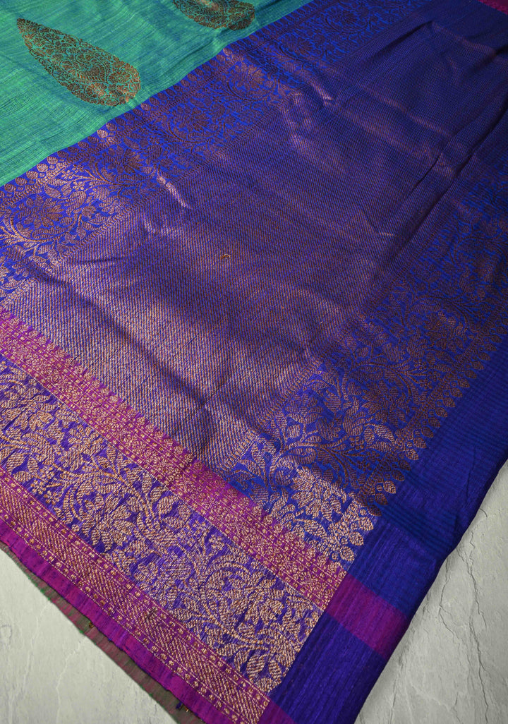 Green-Blue Pure Banarasi Dupion Silk Saree with Antique Buttas and Zari Border | SILK MARK CERTIFIED