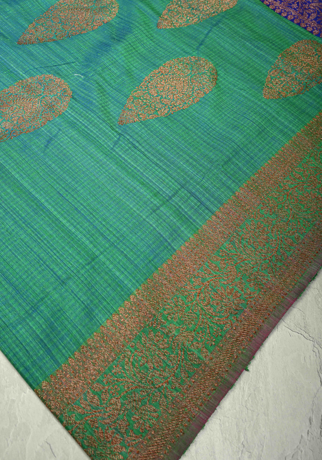 Green-Blue Pure Banarasi Dupion Silk Saree with Antique Buttas and Zari Border | SILK MARK CERTIFIED