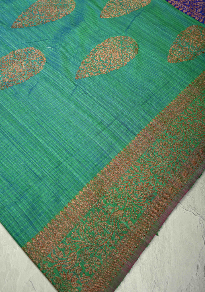 Green-Blue Pure Banarasi Dupion Silk Saree with Antique Buttas and Zari Border | SILK MARK CERTIFIED
