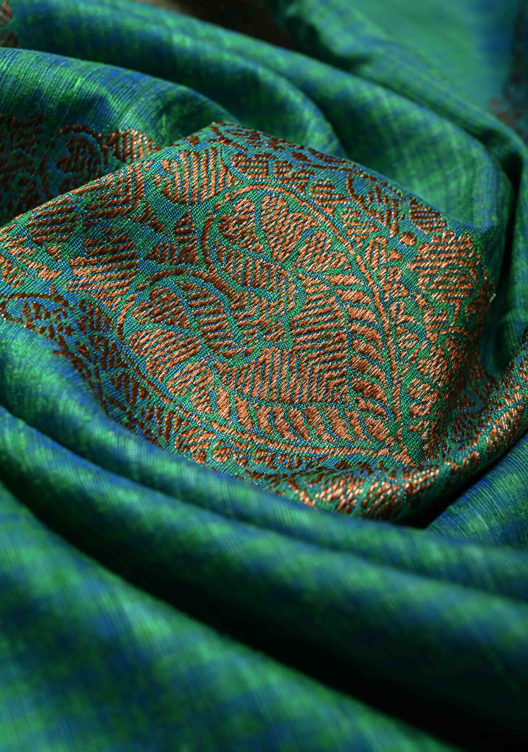 Green-Blue Pure Banarasi Dupion Silk Saree with Antique Buttas and Zari Border | SILK MARK CERTIFIED