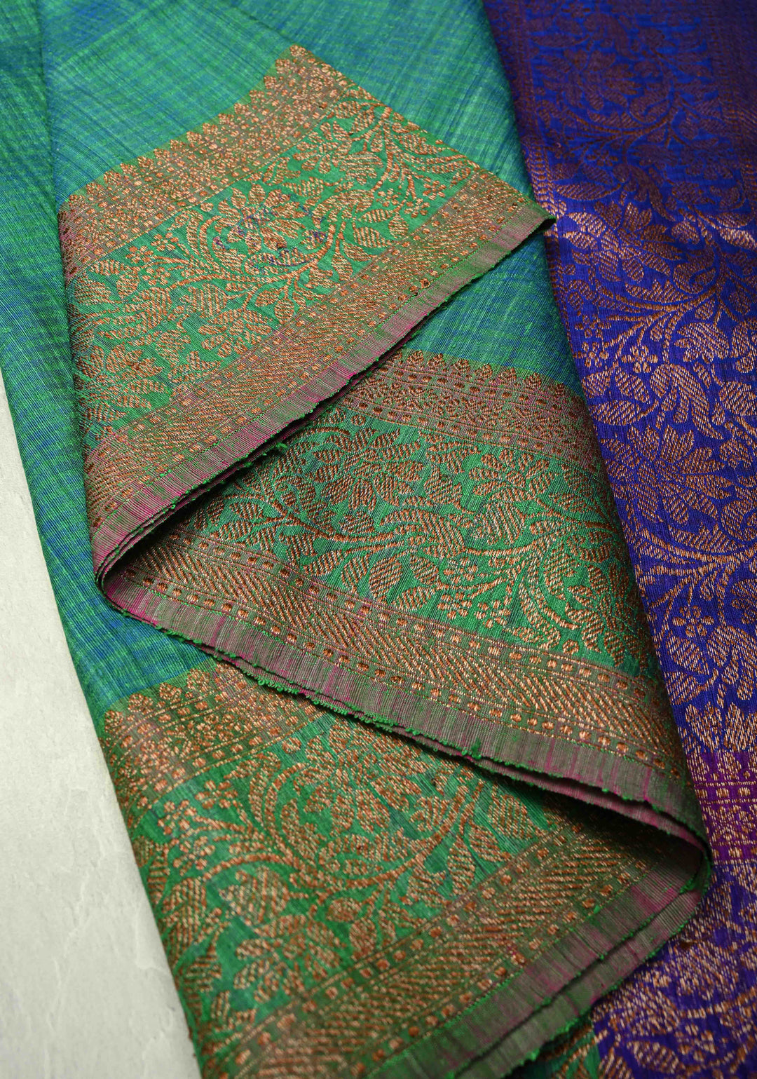 Green-Blue Pure Banarasi Dupion Silk Saree with Antique Buttas and Zari Border | SILK MARK CERTIFIED