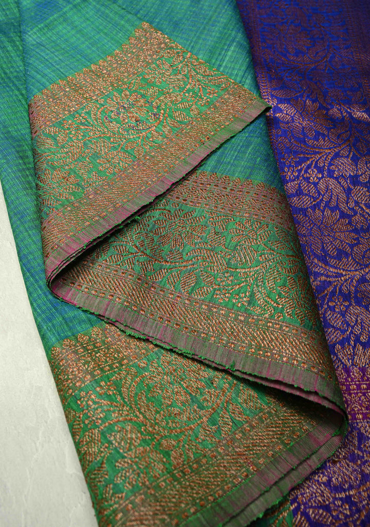 Green-Blue Pure Banarasi Dupion Silk Saree with Antique Buttas and Zari Border | SILK MARK CERTIFIED