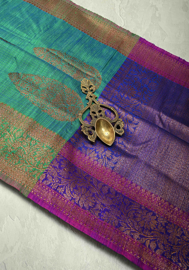 Green-Blue Pure Banarasi Dupion Silk Saree with Antique Buttas and Zari Border | SILK MARK CERTIFIED