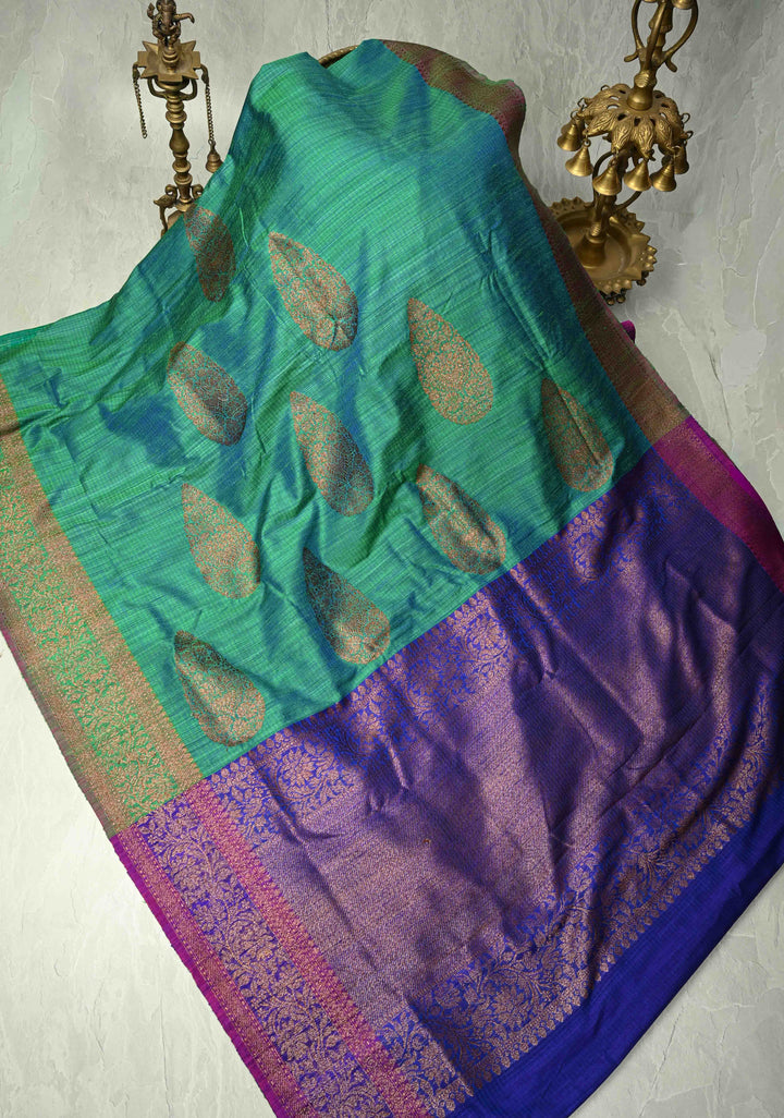 Green-Blue Pure Banarasi Dupion Silk Saree with Antique Buttas and Zari Border | SILK MARK CERTIFIED