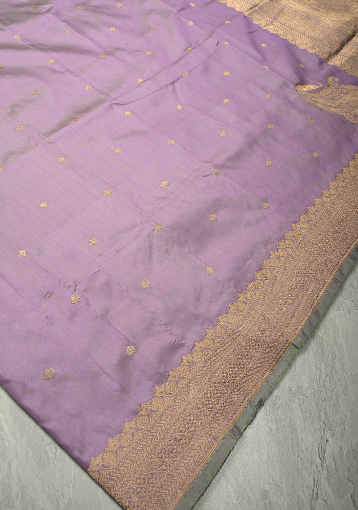 Lilac Lightweight Banarasi Katan Silk Saree with Floral Buttis Koniya Motifs and Border | SILK MARK CERTIFIED | SHOBITAM