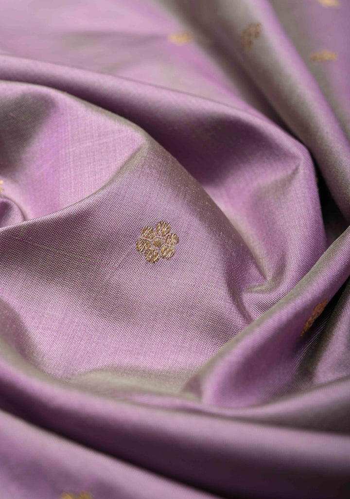 Lilac Lightweight Banarasi Katan Silk Saree with Floral Buttis Koniya Motifs and Border | SILK MARK CERTIFIED | SHOBITAM