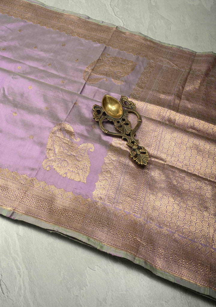 Lilac Lightweight Banarasi Katan Silk Saree with Floral Buttis Koniya Motifs and Border | SILK MARK CERTIFIED | SHOBITAM