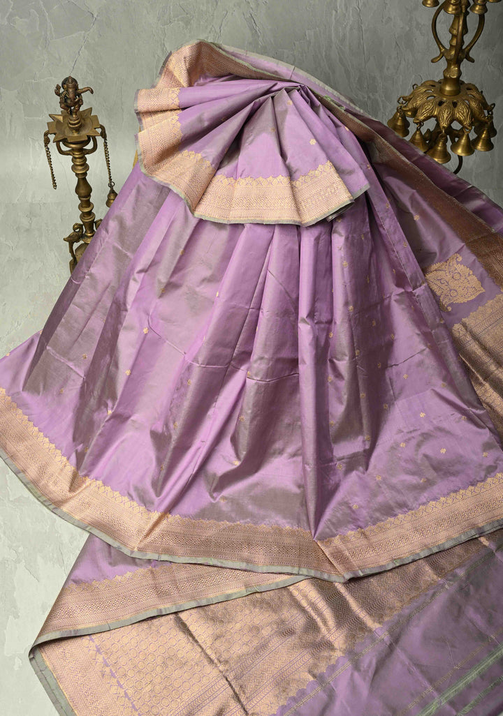 Lilac Lightweight Banarasi Katan Silk Saree with Floral Buttis Koniya Motifs and Border | SILK MARK CERTIFIED | SHOBITAM