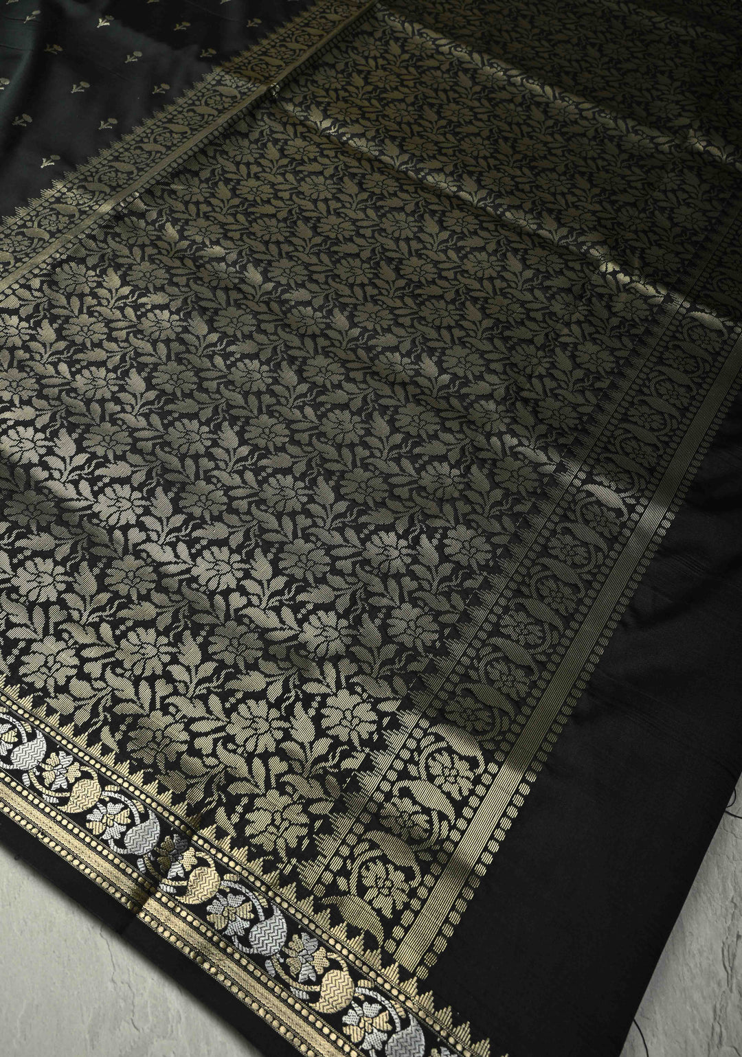 Black Semi Silk Saree with Floral Buttis and Alfi Zari Border | SHOBITAM