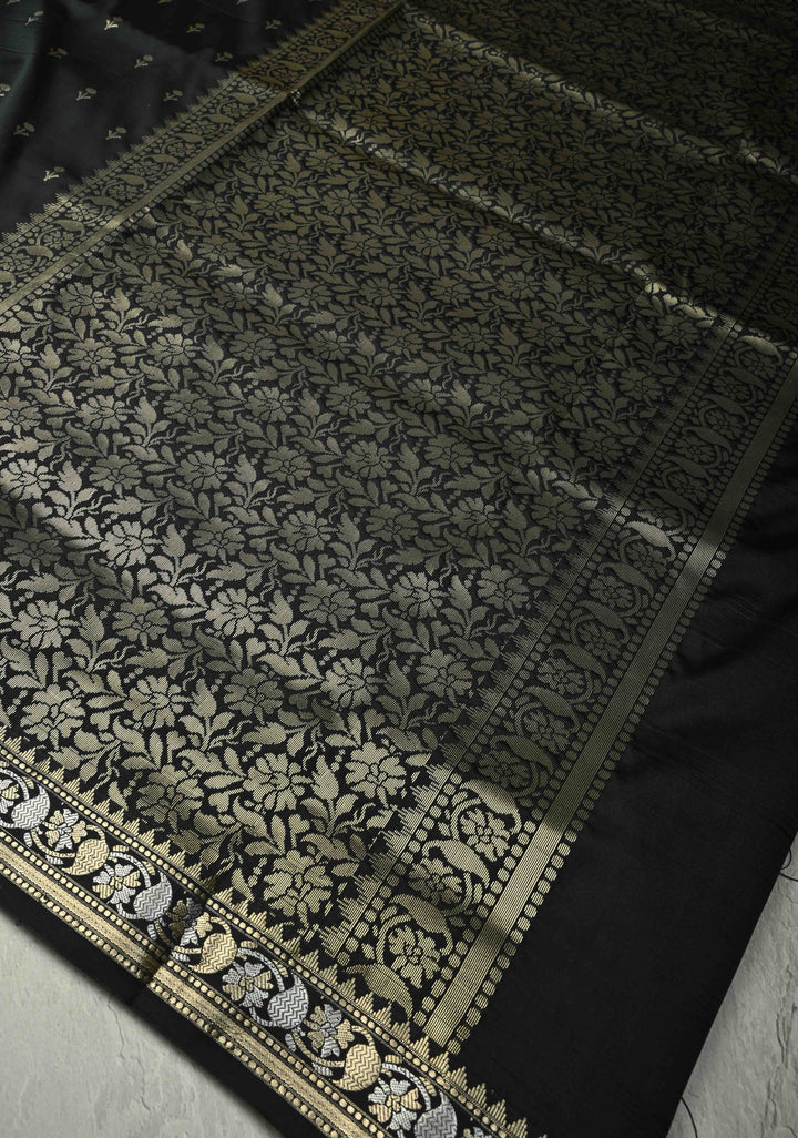 Black Semi Silk Saree with Floral Buttis and Alfi Zari Border | SHOBITAM