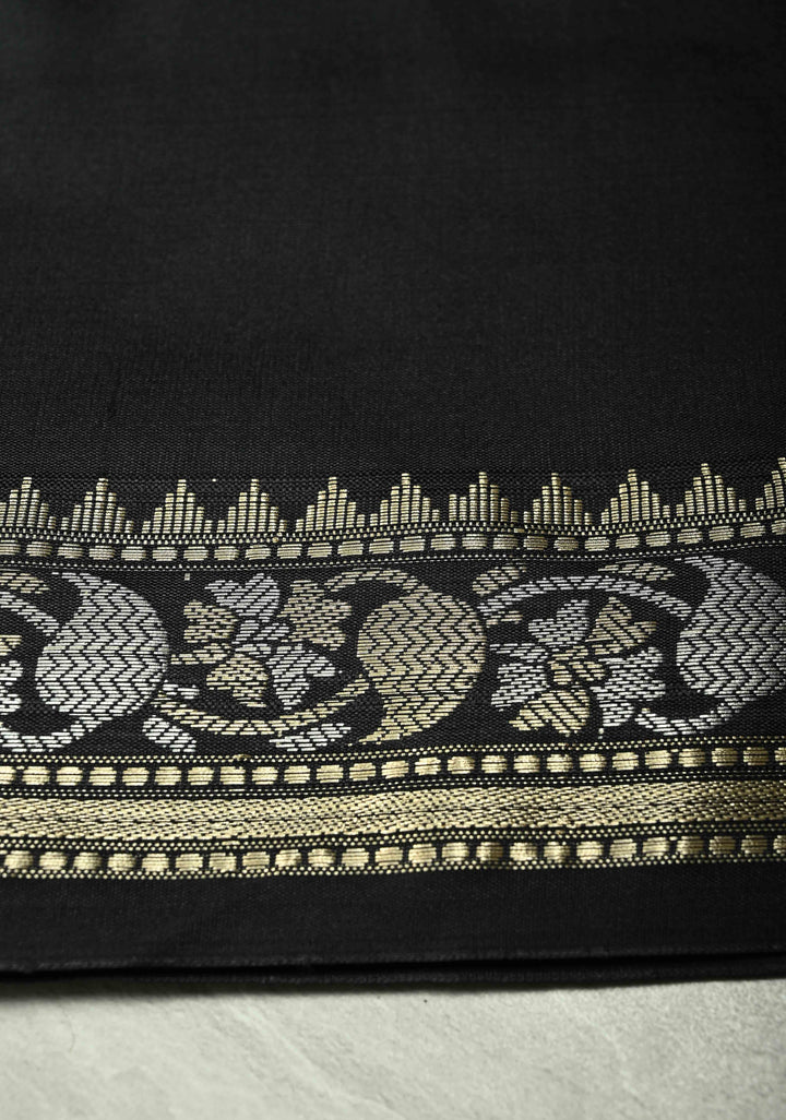 Black Semi Silk Saree with Floral Buttis and Alfi Zari Border | SHOBITAM