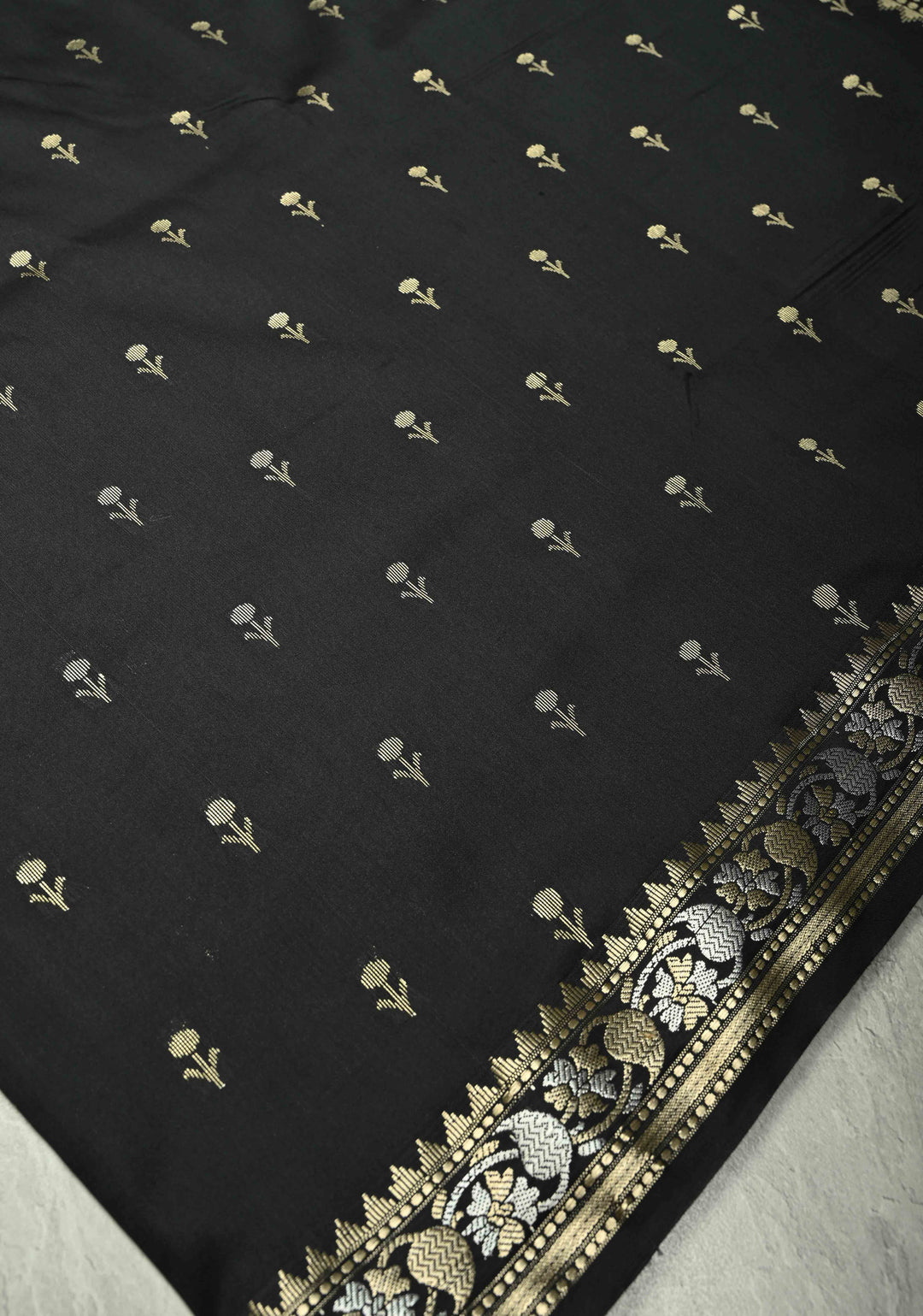 Black Semi Silk Saree with Floral Buttis and Alfi Zari Border | SHOBITAM