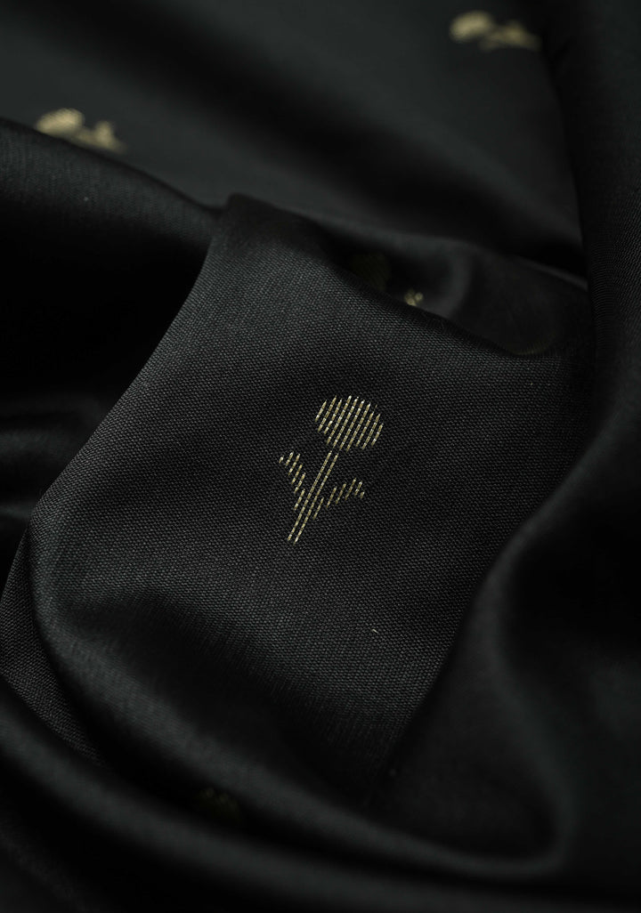 Black Semi Silk Saree with Floral Buttis and Alfi Zari Border | SHOBITAM