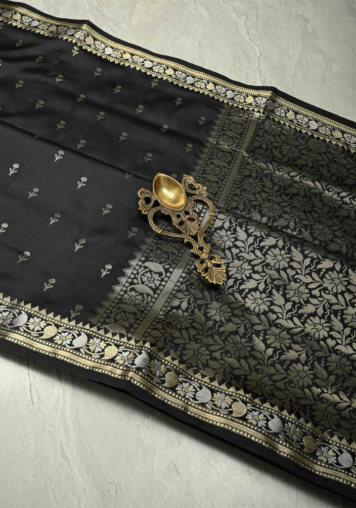 Black Semi Silk Saree with Floral Buttis and Alfi Zari Border | SHOBITAM